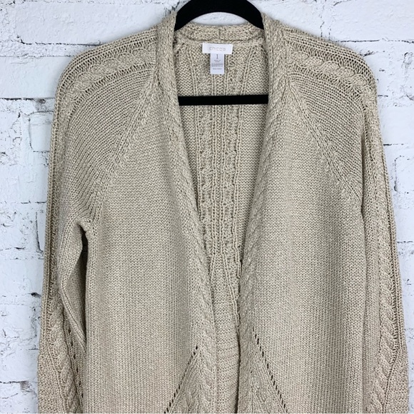 Chico’s Gold Tan Metallic Weave Long Line Knit Cardigan Sweater 1 - Picture 3 of 7